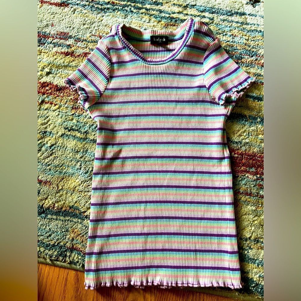 Ruffle detail sleeve and hem shirt sleeve striped shirt